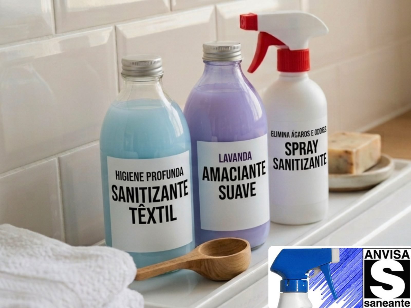Sanitizante têxtil, amaciante suave e spray usados na higienização das cortinas
